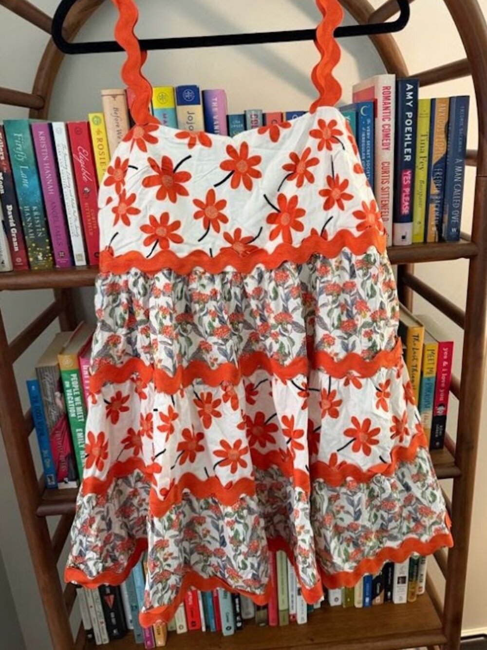 Davi & Dani Floral Tiered Babydoll Tank Top | Orange Ric Rac Trim | Size Large |
